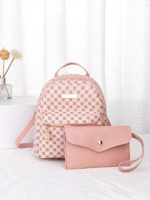 A Pink PU Fashionable Dot Print Combination Backpack Backpack For Daily Wear