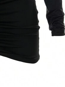 Vestido ajustado para mujer, manga larga, cuello en V, espalda descubierta, plisado, liso, corte entallado, ideal para cócteles y fiestas. - Negro - Ver 8