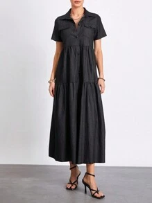 Women's Plus Size Denim Dress Short Sleeve Turn Down Collar Button Front Loose Swing Jean Dress
