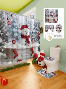 Conjunto de cortina de chuveiro com boneco de neve vermelho de Natal, 1/2/3/4 peças, com 12 ganchos e uma bola de chuveiro, cortina de chuveiro de poliéster impermeável e resistente a mofo, tapete antiderrapante para banheiro, tapete em U para vaso sanitário, capa protetora para vaso sanitário, conjunto decorativo para banheiro, sem necessidade de furadeira, vários tamanhos disponíveis, acessórios de decoração de outono para banheiro, volta às aulas