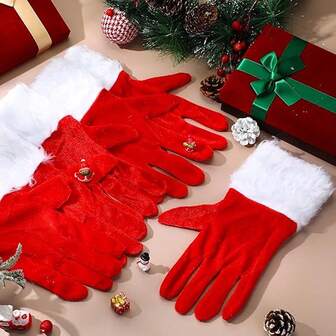 1pc Christmas Velvet Gloves Red Short Costume Gloves Santa Gloves Christmas Party Gloves Christmas Plush Accessories For Ladies And Girls Wrist Length, Red