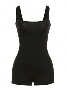 Women's Sleeveless Romper, Casual Square Neck Solid Color Bodycon Jumpsuit Shorts