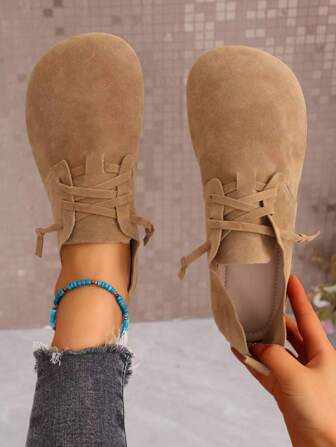 女士时尚系带镂空装饰一脚蹬平底乐福鞋，圆头休闲软底低帮舒适轻便鞋，适合所有季节