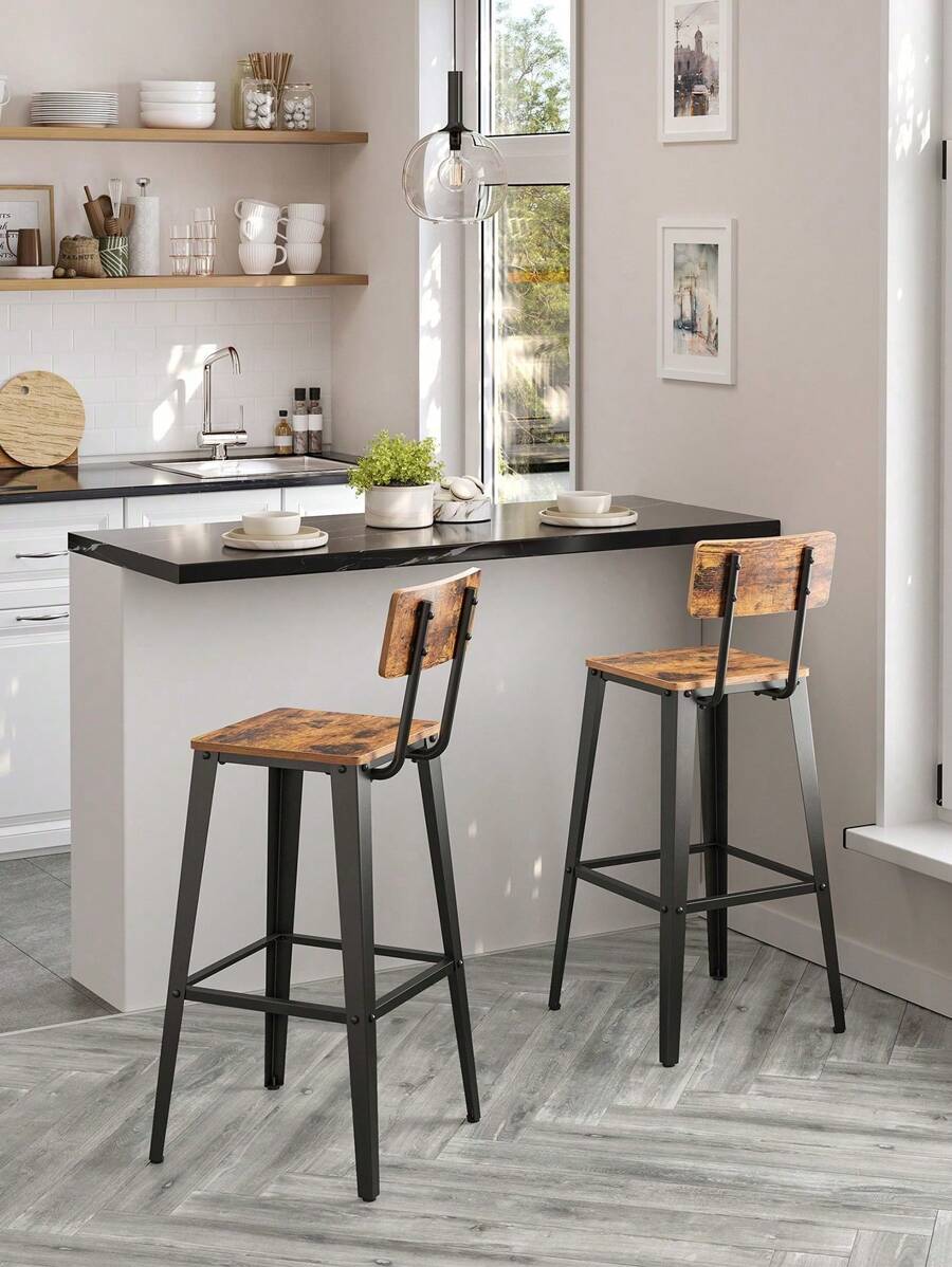 VASAGLE Tabouret Bar Industriel, Lot de 2, Chaise Bar Cuisine, Cadre en Acier, Montage Facile, Style Industriel, Marron Rustique et Noir - Tabac - Voir 1