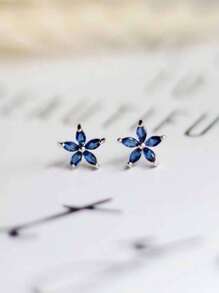 1pair Minimalist S925 Sterling Silver Blue Zirconia Flower Stud Earrings, Daily Wear Jewelry Gift For Women Valentines - Blue Flowers - View 1