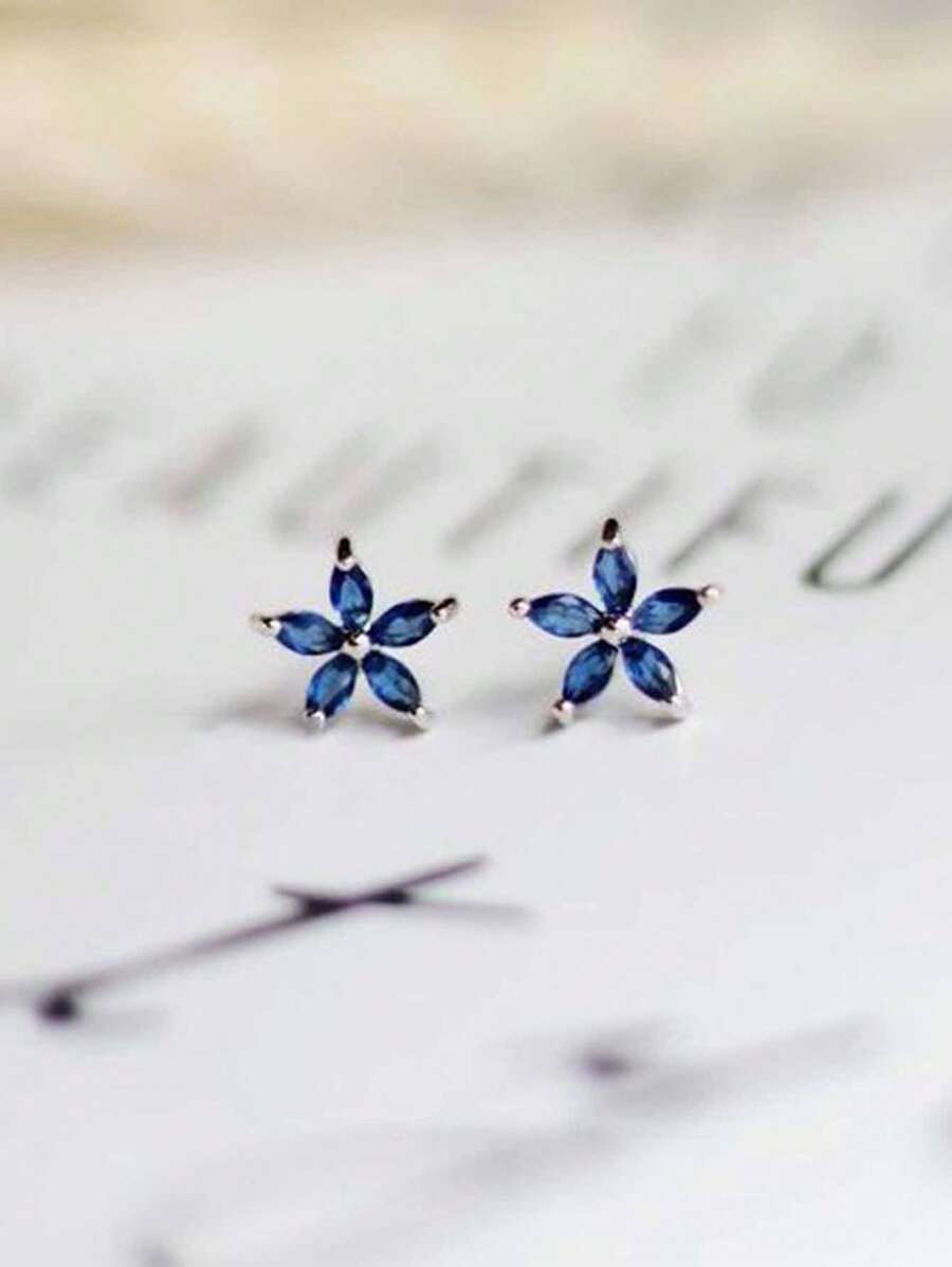 1pair Minimalist S925 Sterling Silver Blue Zirconia Flower Stud Earrings, Daily Wear Jewelry Gift For Women Valentines - Blue Flowers - View 1