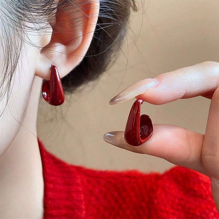 Andkiss 1 Pair U-Shaped Red Stud Earrings, Suitable For Women's Daily And Festival Wear - Red - View 1