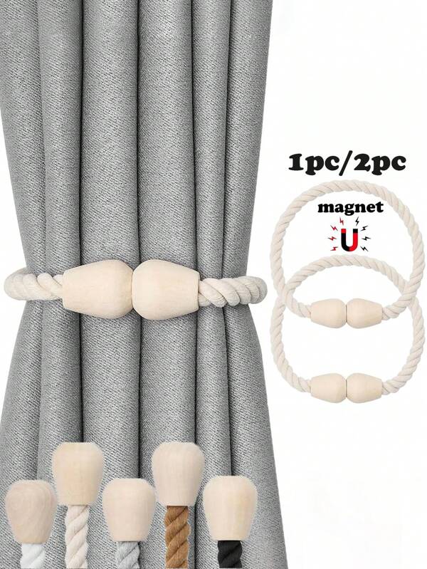 1pc/2pcs Wood Cone-Shaped 3-Strand Rope Woven Magnetic Curtain Tiebacks, Multi-Color & Size Options, Suitable For Curtain Fixation Gifts Birthday Graduation