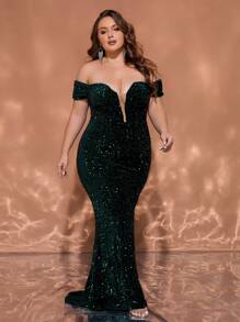 绿色 V 领露肩亮片及地大码晚礼服，优雅正式舞会礼服，适合婚礼宾客晚宴 - 墨綠色 - 查看 5