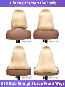 Peruca Bob de Cabelo Humano Loiro 613 de 12 Polegadas, Reta, Frente de Renda 13x4 com Cabelo Implantado, Renda Transparente e Densidade de 150, Perucas Loiras 613 de 8-16 Polegadas para Mulheres, Peruca Bob Curta para Mulheres