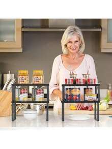 Set Of 4 Kitchen Counter Shelves Stackable Shelf Organizer Stackable Wood Countertop Shelf Expandable Cabinet Shelf Organizers Countertop Storage Rack For Pantry, Industrial Black - Black - View 2