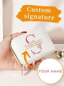 1 pieza Billetera personalizada con firma, billetera con diseño de firma personalizada, billetera versátil con cremallera para monedas con patrón de inicial de la A a la Z, portador de tarjetas gráficas con letra, organizador de tarjetas de crédito multiusos para útiles escolares, bolsos y bolsos de mujer