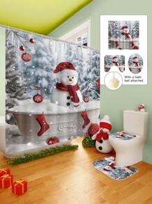 Conjunto de cortina de chuveiro com boneco de neve vermelho de Natal, 1/2/3/4 peças, com 12 ganchos e uma bola de chuveiro, cortina de chuveiro de poliéster impermeável e resistente a mofo, tapete antiderrapante para banheiro, tapete em U para vaso sanitário, capa protetora para vaso sanitário, conjunto decorativo para banheiro, sem necessidade de furadeira, vários tamanhos disponíveis, acessórios de decoração de outono para banheiro, volta às aulas