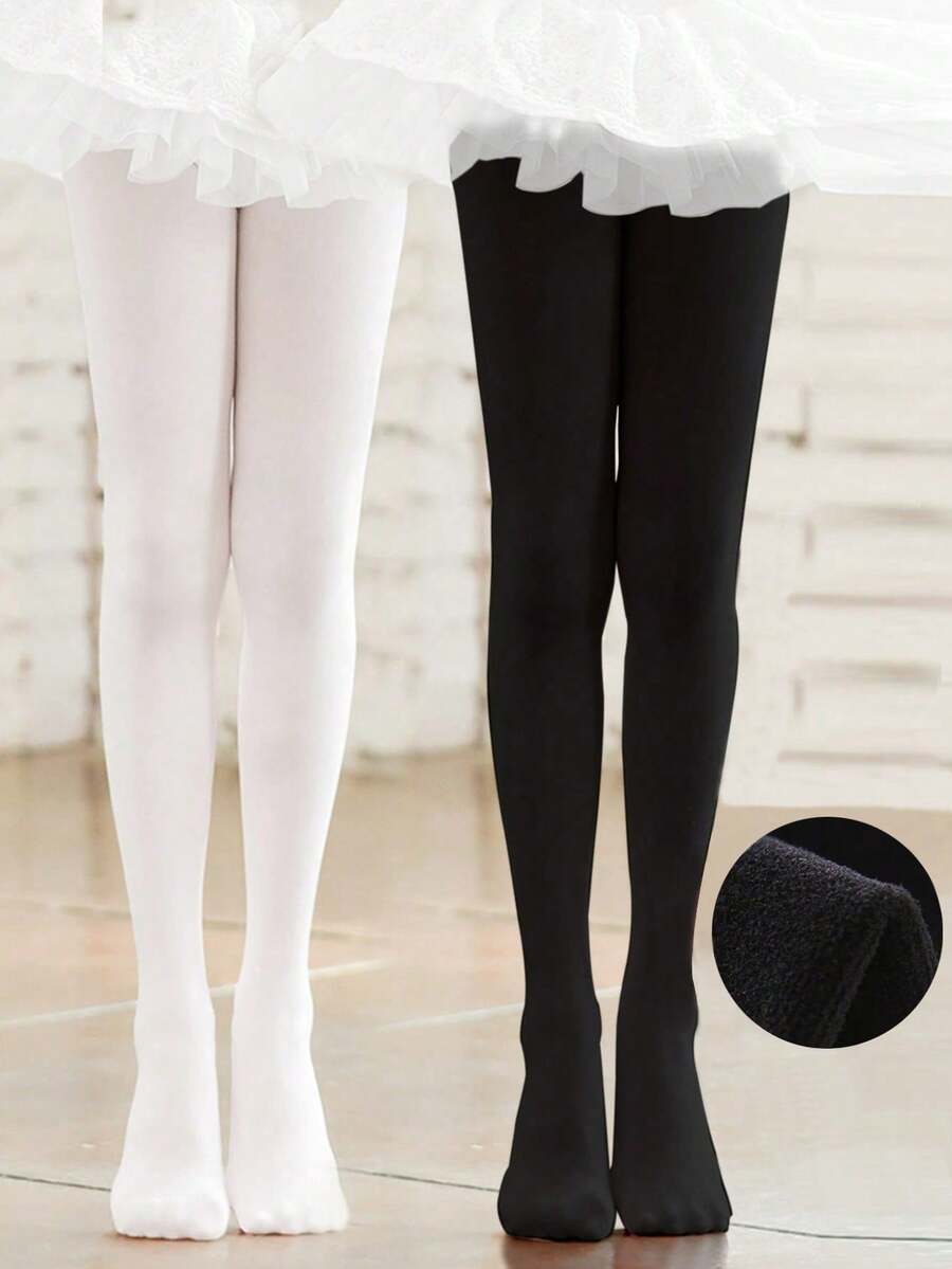 2雙小女童黑色和白色素色長毛絨內襯保暖褲襪 - 彩色 - 查看 1
