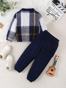 2 szt. Chłopięca gruba krata Patchworkowa kurtka z sztruksowymi spodniami Outdoor Casual Outfits