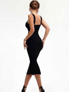 女士时尚春夏性感优雅黑色中长吊带紧身绷带连衣裙派对鸡尾酒晚礼服 - 黑色 - 查看 9