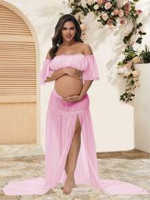 2pcs Maternity Set, Chiffon Strapless Ruffle Sleeve Top And Split Skirt, Suitable For Maternity Photoshoot, Baby Shower Or Pregnancy Portrait - Pink - View 3