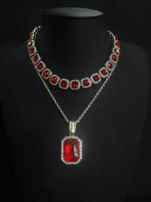 1 件男女通用奢华玻璃水晶吊坠项链,休闲水钻合金链,适合日常佩戴,有红色、白色、蓝色、绿色可选 - 寶石吊墜項鍊 - 查看 6