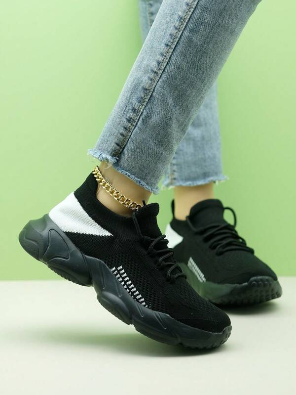 Women's Color Block Lace-Up Knitted Light Weight Casual Sports Platform Vintage Chunky Sneakers Slip-On Leg Warmers Shoes