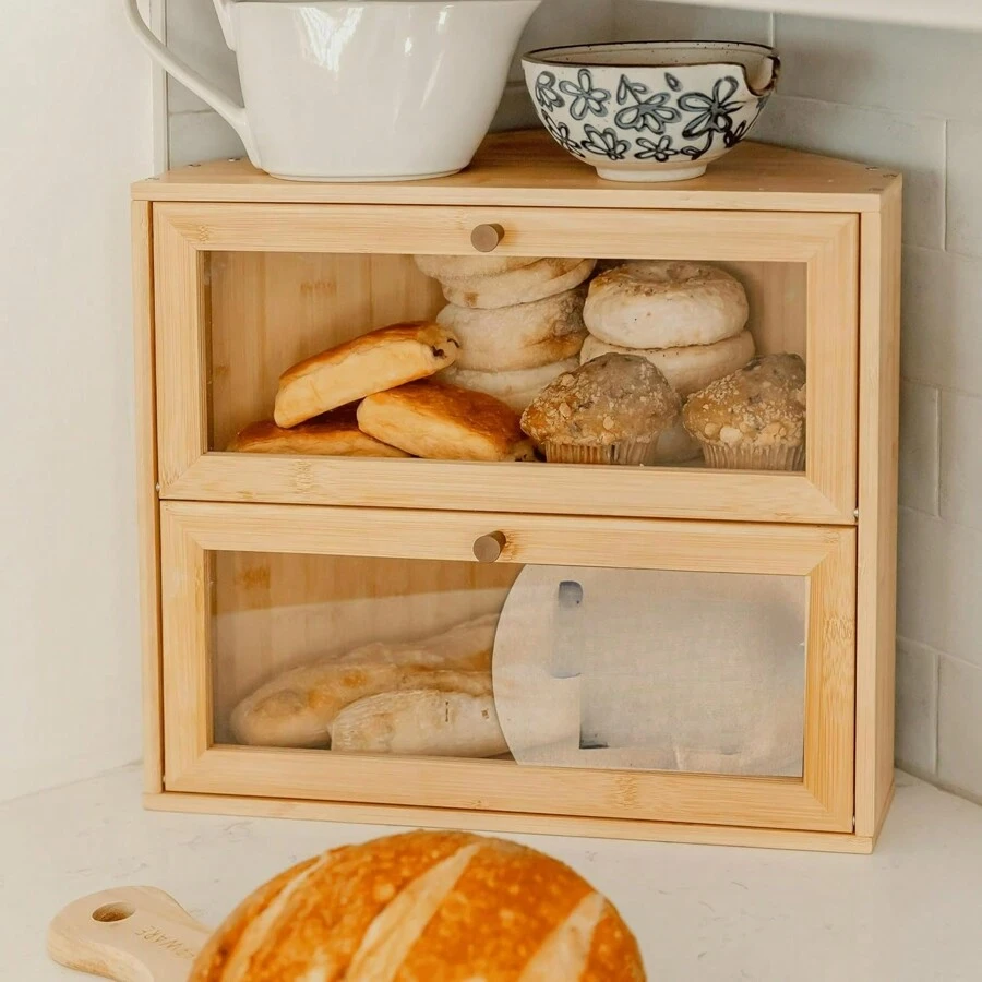 Corner Bread Box For Kitchen Countertop Extra Large Double Layer