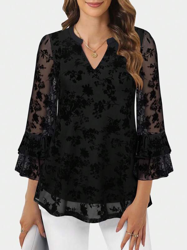 CheersLife Women Blouses Dressy Casual 3/4 Tiered Bell Sleeve Tops Double Layered Mesh V Neck Shirts