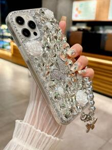Funda de teléfono a prueba de golpes con cordón, de estilo de moda simple hecha a mano con cristales de imitación, mariposa de cristal de imitación plateada, compatible con iPhone 11/12/13/14/15/16/Pro Max