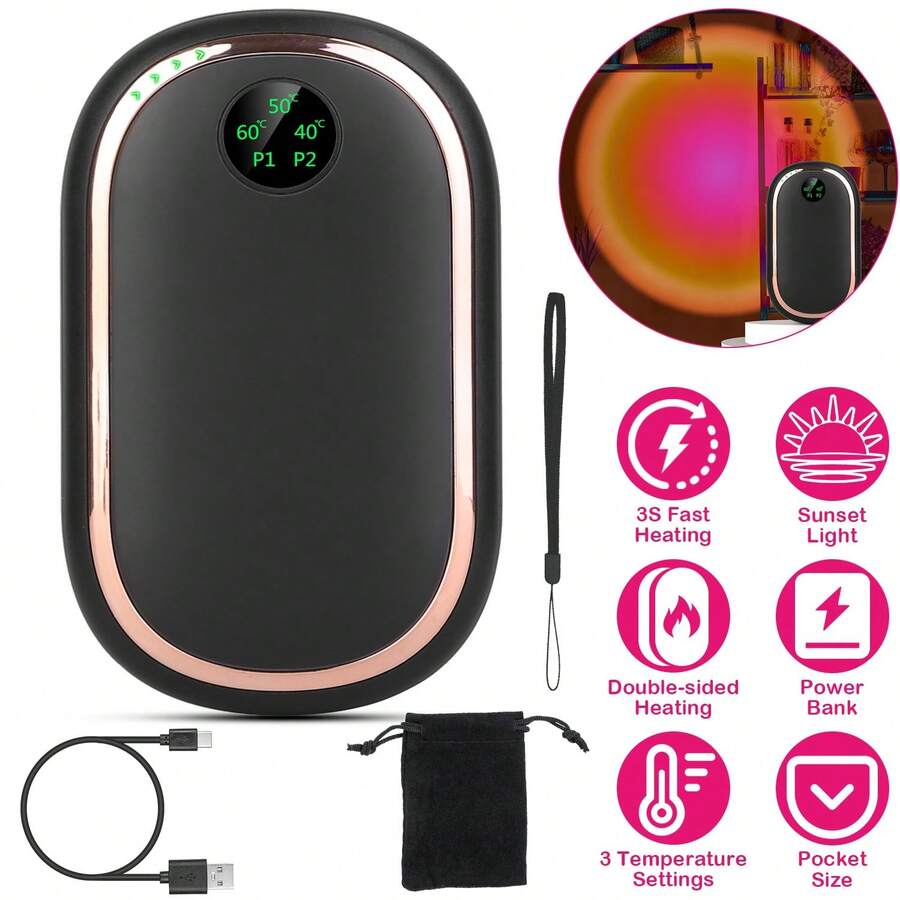 Rechargeable Hand Warmer Electric Hand Heater Portable Reusable Pocket Warmer Power Bank With Digital Display Sunset Light 3 Levels Double-Sided Heating - màu đen - Xem 1