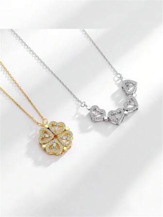 1 件 925 纯银时尚四叶草心形吊坠项链，带方晶锆石，二合一设计，适合日常佩戴