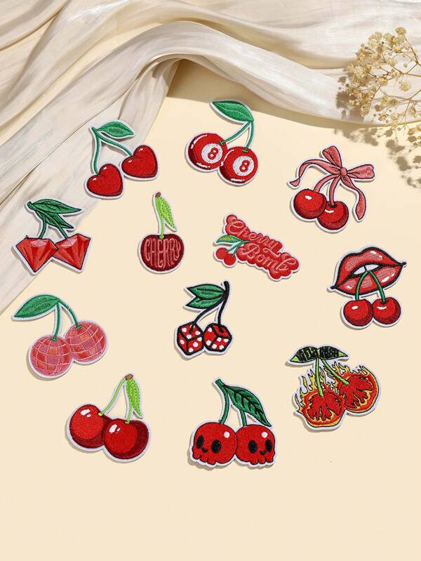 6/12 piezas Parches decorativos de bordado de cereza para aplicar con plancha, de moda para decorar y reparar prendas y bolsos