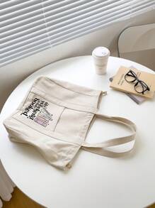 Book Pattern With The Letter 'weekend' Minimalist Shopper Bag Beige Casual,School Bag,Book Bag,Large Capacity,Portable,For Teen Girls Women College Students,White-Collar Workers,Perfect For Work,Back To School,Middle School,High School,College,Vacation ﻿,Teacher's Day Gift