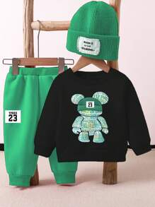 2pcs Baby Boy Fashion Bear Print Sweatshirt & Letter Print Pants Set - Green - View 1