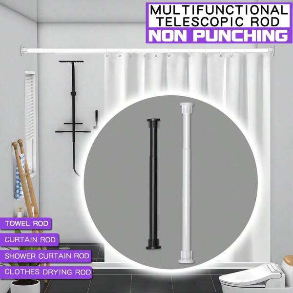 1 peça de haste de cortina de alta qualidade sem perfuração, haste de 25 mm de diâmetro, base removível, disponível em preto e branco, mola de alto desempenho integrada, pode ser usada como haste de cortina de chuveiro, haste de toalha, varão de secagem, haste de cortina, espessa e resistente, adequada como haste de suspensão para decoração de Natal, Ano Novo e outros feriados, decoração de banheiro, decoração de outono, acessórios de banheiro, volta às aulas