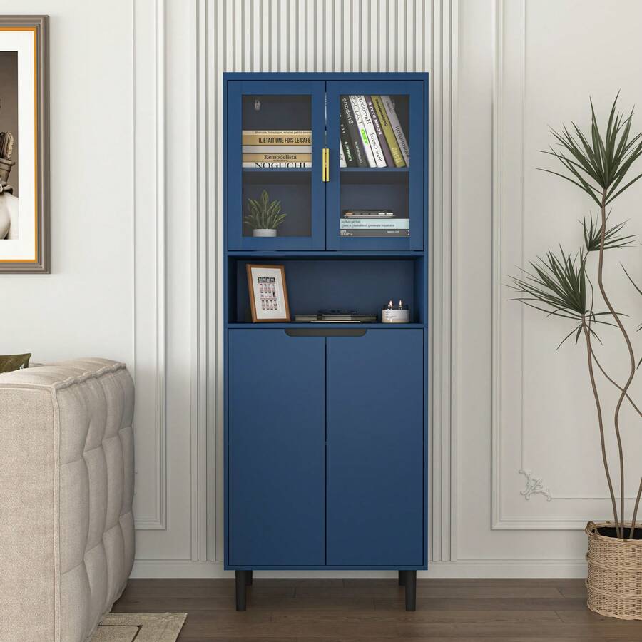 Stylish Tall Storage Bookcase With Glass Doors And Gold Handles