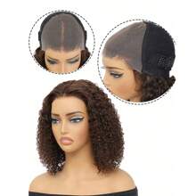 Peluca castaña rizada tipo "bob" de cabello humano sin pegamento, peluca de cabello humano tipo onda profunda de color marrón chocolate con lace frontal transparente pre-cortado y pre-aclarado, para mujeres - S4 - Ver 3