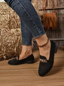 Plus Size Women Retro Slip-On Flat Loafers, Comfort Casual Low Vamp Chain Decor Moccasins