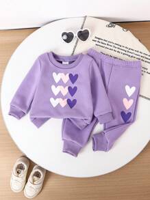 2 stuks/set baby/peuter meisjes casual hart print lange mouwen sweatshirt en joggingbroek set, herfst winter