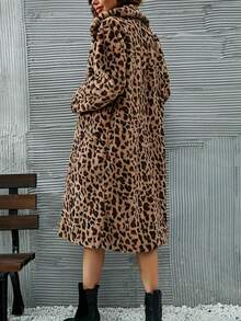 Women's Leopard Print Front Open Plush Top Long Coat