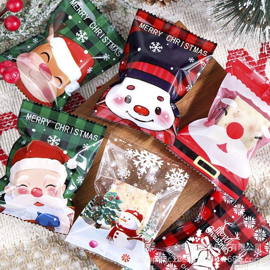 100pcs Assorted Christmas Snowflake Cookies, Nut Brittle, Fudge Packaging Bags, Transparent Baking Small Pouches Christmas Christmas Decorations Christmas Pajamas Christmas Gifts Christmas Decor