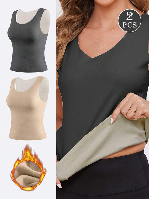 2 piezas Chaleco de mujer con forro polar doble grueso, ropa interior térmica para otoño/invierno