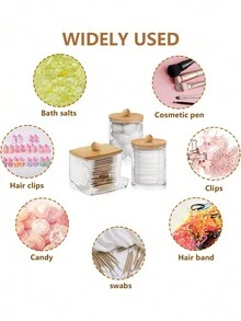 3 件装棉签分配器、化妆垫收纳盒、带竹盖的牙线收纳盒、浴室收纳盒（透明）、宿舍 - 彩色 - 查看 2