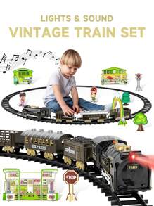 逼真的复古风格电动火车，配有灯光和声音，适合儿童，可拆卸火车车厢，互动玩具 - 随机款式零件 - 彩色 - 查看 1