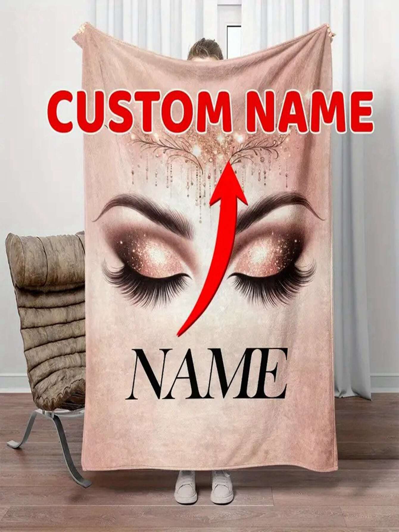 1pc Customized Name Blanket, Personalized Eyelash Soft Portable Blanket