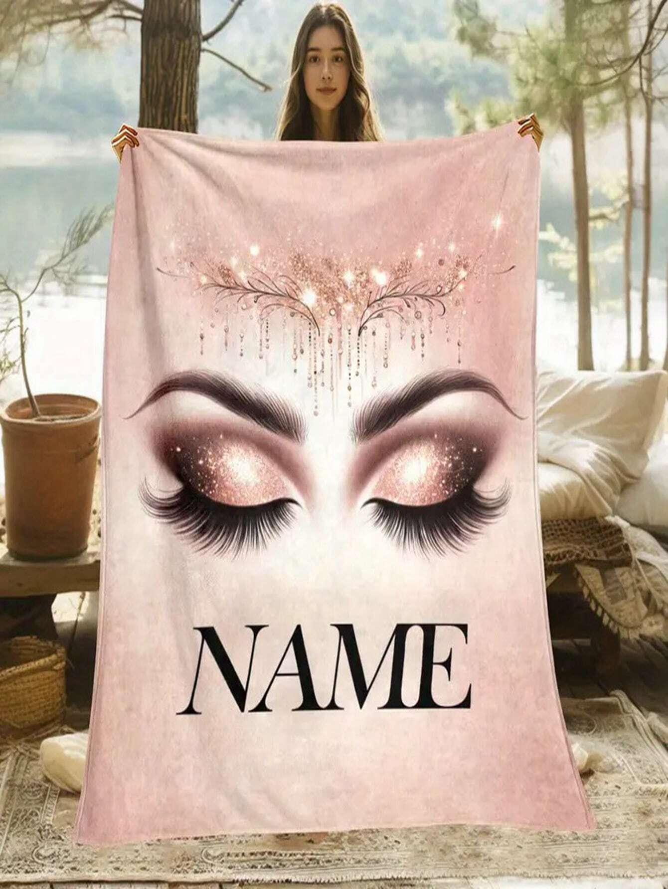 1pc Customized Name Blanket, Personalized Eyelash Soft Portable Blanket