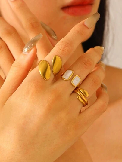 مجموعة 3 قطع من خواتم الفولاذ المقاوم للصدأ المطعمة بالدهانات غير المتماثلة، تصميم عصري للارتداء اليومي للنساء