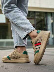 Men's Retro Fashion Random Print Color Block Striped Lace-Up Lightweight And Comfortable Flat Shoes, Suitable For Outdoor, Youngsters, Popular Style, Letter, Versatile, Couples, Sports