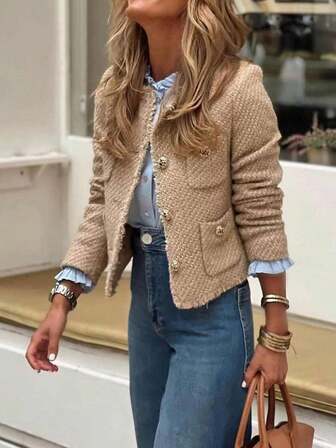 GMFP 女士新年套装，休闲复古金属质感单排扣圆领短款金色羊毛外套，冬季