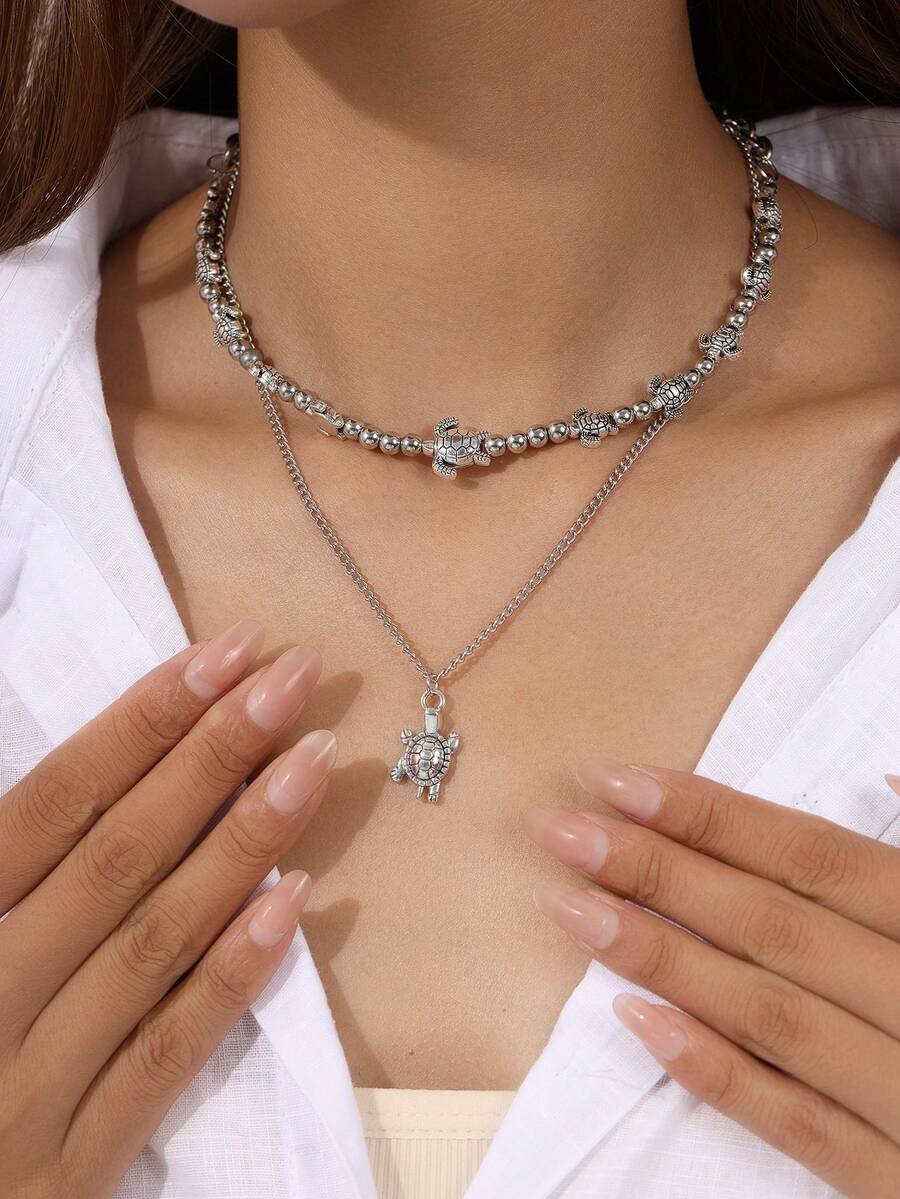 Bộ 2 chiếc/Bộ Vòng Cổ Đính Hạt Rùa, Trang Phục Thường Ngày Cho Phụ Nữ - Bạc - Xem 1