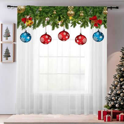 1pc Christmas Tree, Red & Blue Snowflake Printed Sheer Curtain With Rod Pocket Top, Easy To Hang, High Quality Polyester Fabric, Digital Printing Technique, Suitable For Bedroom, Living Room, Indoor & Outdoor Christmas Holiday Decoration  Christmas Decor  Christmas Decorations Christmas Decoration Home Decor Room Decor