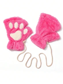 1 Pair Of Cute Cat Claw Fingerless Gloves, Thick, Warm, And Cold Resistant Plush Gloves, Suitable For Daily Use By Winter Girls, With A Rope