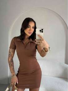 Comfortable Short Ribbed Dress With V-Neck And Short Sleeves, Perfect For Everyday Use And Outings. Beautiful Fashion Blogger Promotion, Unmissable Promotion - 鏽棕色 - 查看 3